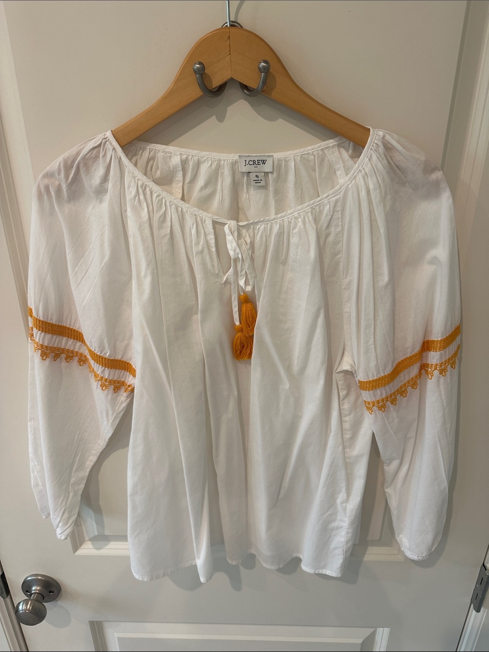 J. Crew White Peasant Top with Mustard Trim